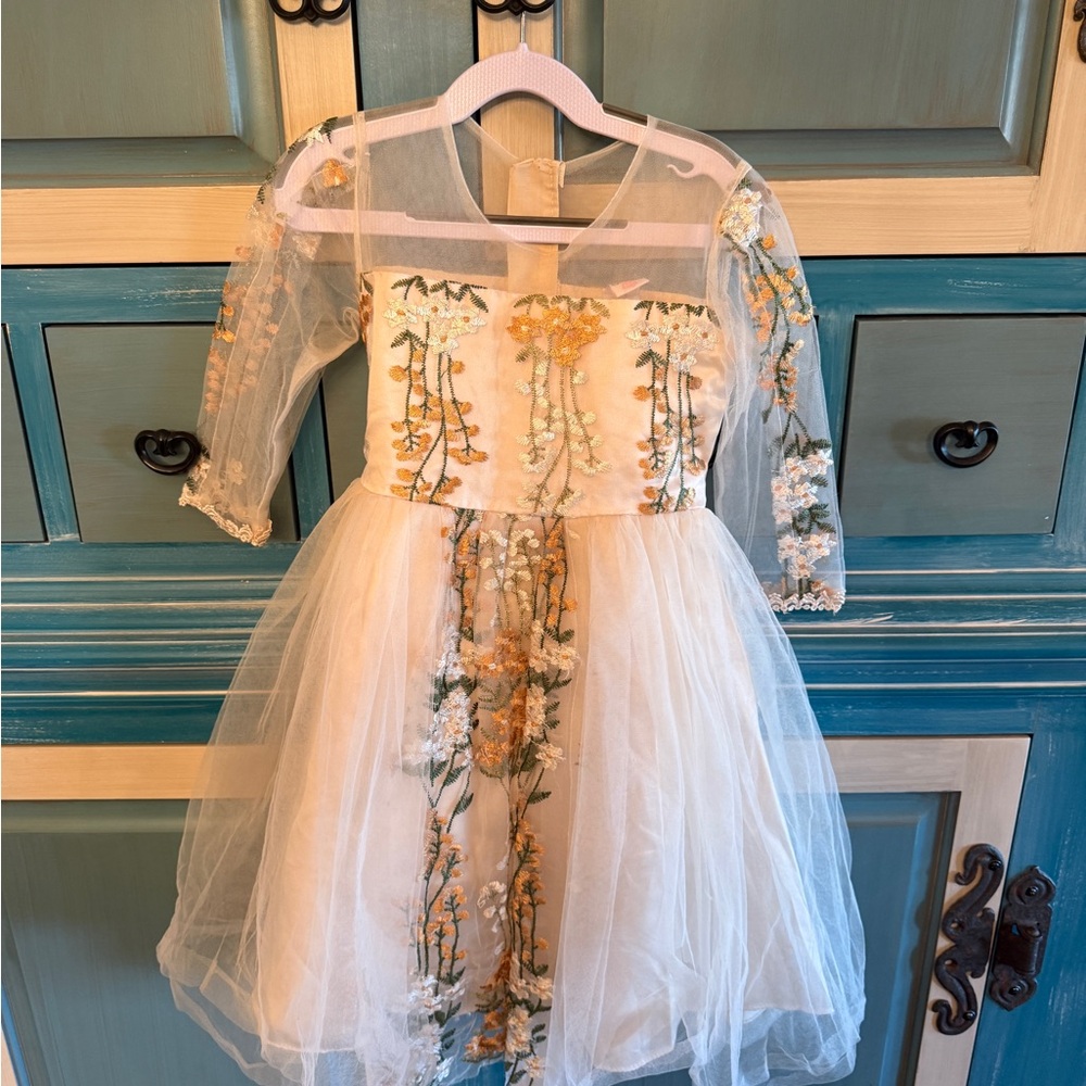 Ivory & Gold Floral Embroidered Tulle Girls' Formal Dress